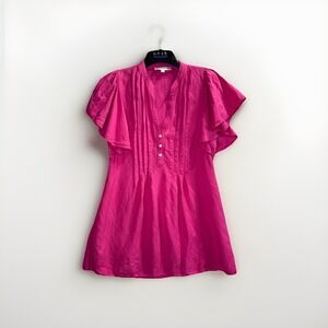 LOFT Flutter Sleeve Dress Women's Medium Hot Pink Linen Blend Pintuck Boho Tunic